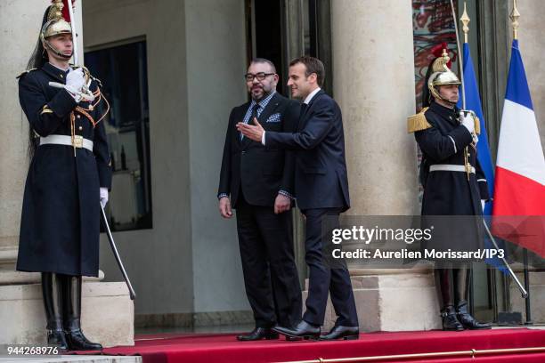 French President Emmanuel Macron welcomes King Mohammed VI of Morocco at Elysee Palace on April 10, 2018 in Paris, France. Sovereign Mohammed VI, who...
