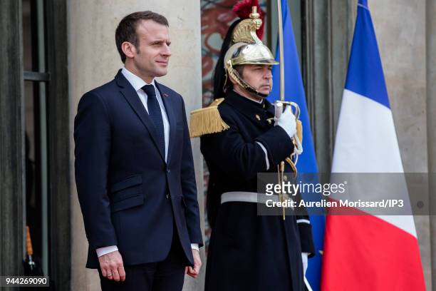French President Emmanuel Macron prepares to welcome King Mohammed VI of Morocco at Elysee Palace on April 10, 2018 in Paris, France. Sovereign...