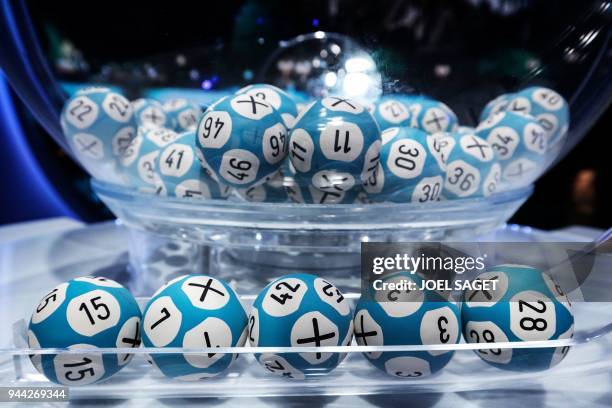 Picture taken on April 9, 2018 shows lottery balls used for the rehearsal of the distribution of the Loto lottery on the set of the "Francaise des...