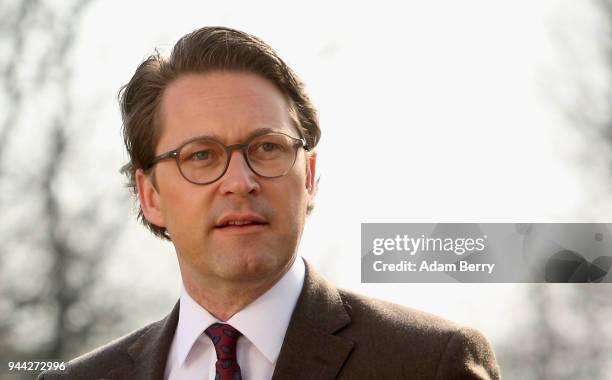 Transport and Digital Infrastructure Minister Andreas Scheuer gives a statement at a government retreat at Schloss Meseberg on April 10, 2018 in...