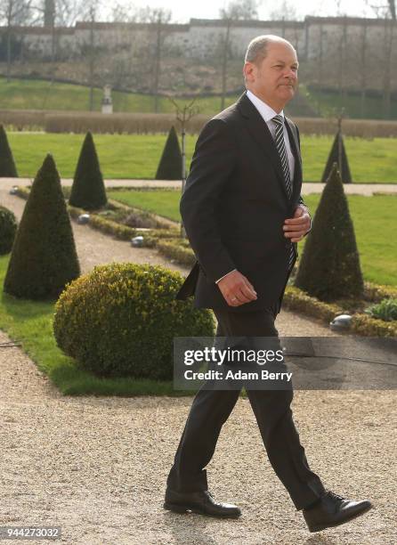 Finance Minister and Vice Chancellor Olaf Scholz attends a government retreat at Schloss Meseberg on April 10, 2018 in Gransee, Germany. The...