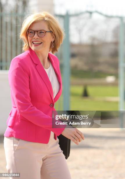 Agriculture and Consumer Protection Minister Julia Kloeckner arrives for a government retreat at Schloss Meseberg on April 10, 2018 in Gransee,...