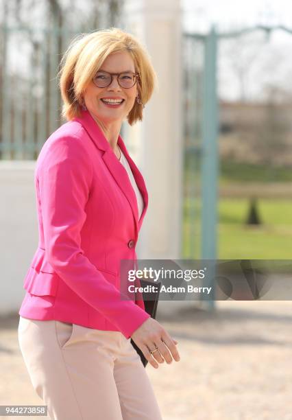 Agriculture and Consumer Protection Minister Julia Kloeckner arrives for a government retreat at Schloss Meseberg on April 10, 2018 in Gransee,...
