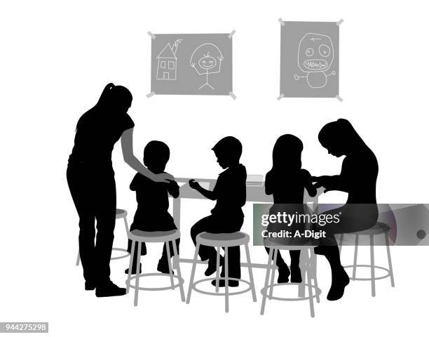 preschool drawing activities - teacher and student stock illustrations