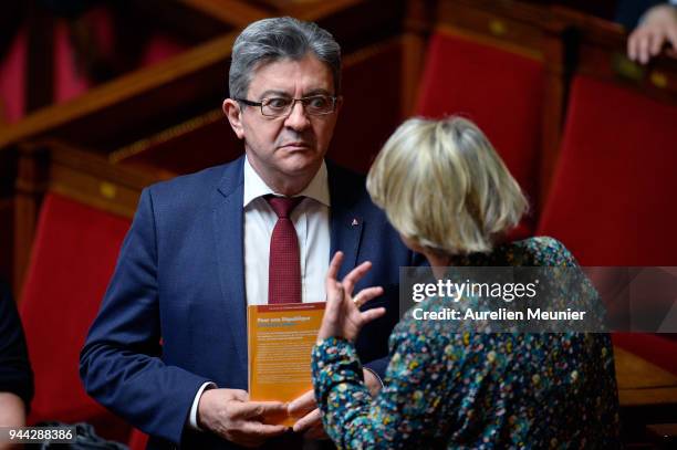 Leader of 'La France Insoumise' Jean Luc Melenchon reacts as Ministers answer deputies during the weekly session of questions to the government at...