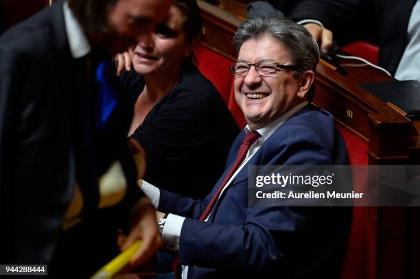 Leader of 'La France Insoumise' Jean Luc Melenchon reacts as Ministers answer deputies during the weekly session of questions to the government at...