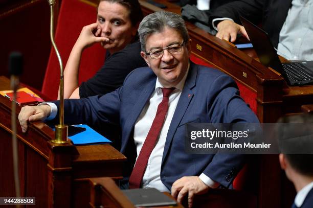 Leader of 'La France Insoumise' Jean Luc Melenchon reacts as Ministers answer deputies during the weekly session of questions to the government at...