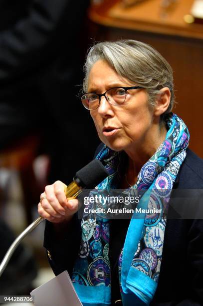 French Transports Minister Elisabeth Borne answers deputies during the weekly session of questions to the government at Assemblee Nationale on April...