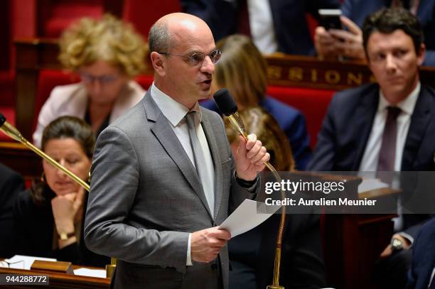 French Minister of National Education Jean-Michel Blanquer answers deputies during the weekly session of questions to the government at Assemblee...