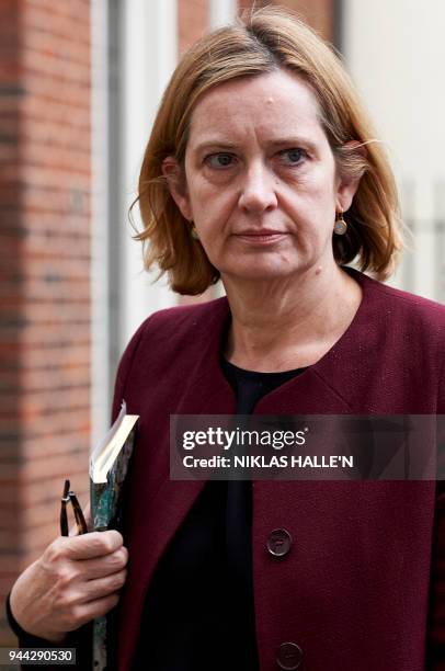 Britain's Home Secretary Amber Rudd leaves from 10 Downing street after attending a National Security Council meeting in London on April 10, 2018.