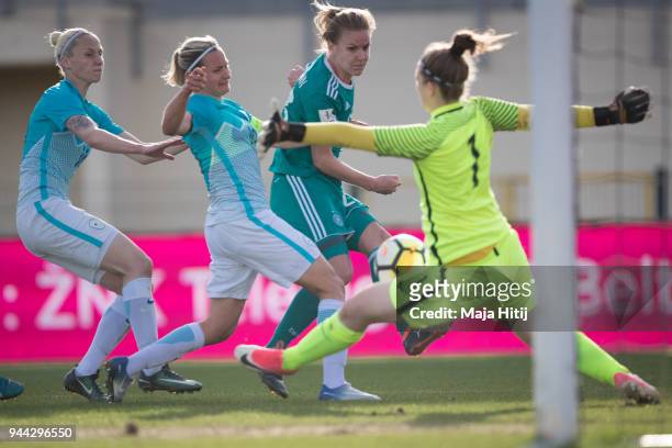 Lena Petermann of Germany tries to score against goal keeper Zala Mersnik of Slovenia during Slovenia Women's and Germany Women's 2019 FIFA Women's...