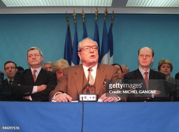France's far-right National Front leader Jean-Marie Le Pen , flanked by his secretary general Bruno Gollnisch and general delegate Carl Lang ,...