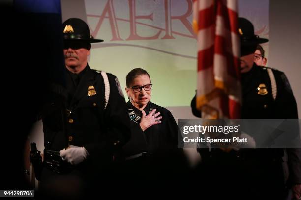 Supreme Court Justice Ruth Bader Ginsburg prepares to administer the Oath of Allegiance to candidates for U.S. Citizenship at the New-York Historical...