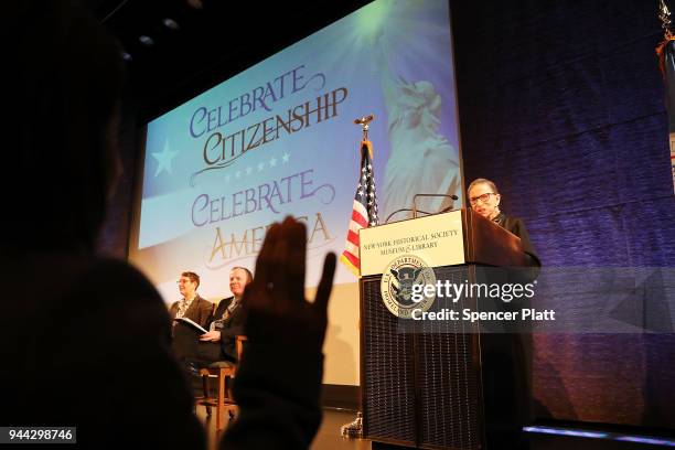 Supreme Court Justice Ruth Bader Ginsburg administers the Oath of Allegiance to candidates for U.S. Citizenship at the New-York Historical Society on...