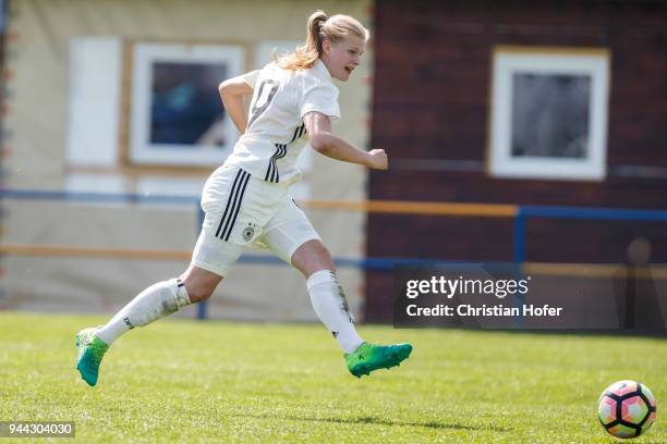 Anna-Lena Stolze of Germany controls the ball during the UEFA Women's Under19 Elite Round match between England and Germany on April 9, 2018 in...