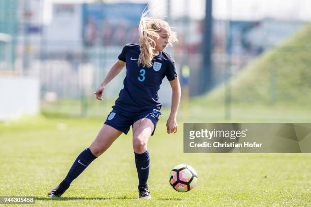 Poppy Pattinson of England controls the ball during the UEFA Women's Under19 Elite Round match between England and Germany on April 9, 2018 in...