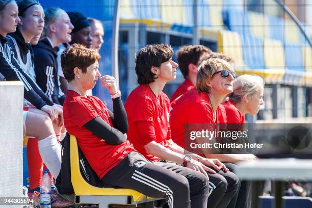 Headcoach Maren Meinert, Assistant Coach Bettina Wiegmann and Goalkeeper Coach Silke Rottenberg of Germany are seen during the UEFA Women's Under19...