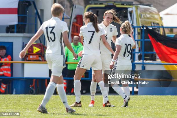 Paulina Kaete Krumbiegel, Melissa Koessler, Lara Schmidt and Lea Schneider of Germany celebrate after winning the UEFA Women's Under19 Elite Round...