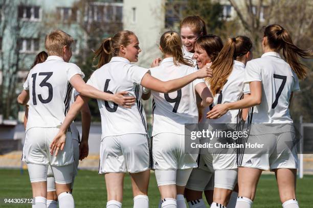 Players of Germany celebrate after scoring during the UEFA Women's Under19 Elite Round match between England and Germany on April 9, 2018 in Dunajska...