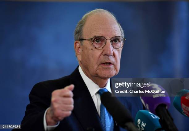 Senator George Mitchell addresses the media as he attends an event to mark the 20th anniversary of the Good Friday Agreement at Queens university on...