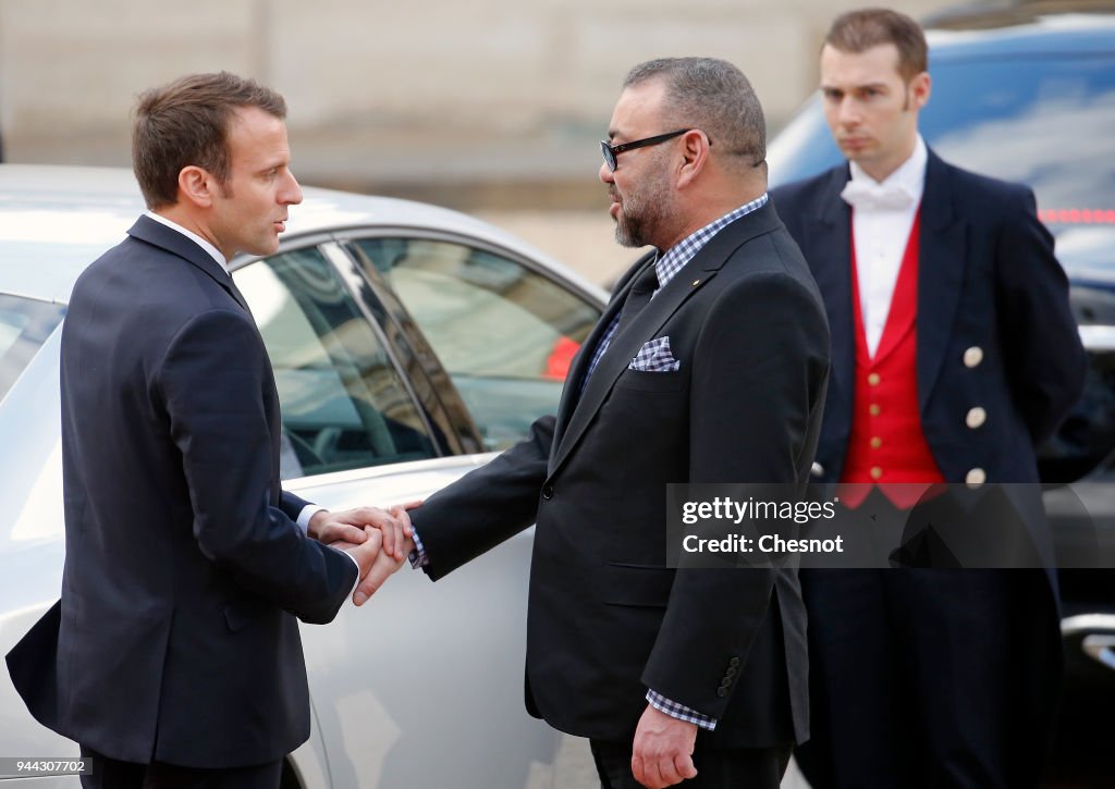 French President Emmanuel Macron Receives Mohammed VI of Morocco At Elysee Palace