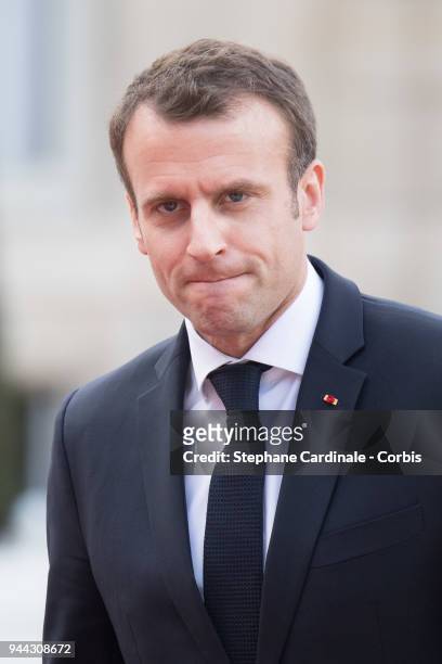 French President Emmanuel Macron is seen at the Elysee Presidential Palace during the visit of King Mohammed VI at Elysee Palace on April 10, 2018 in...