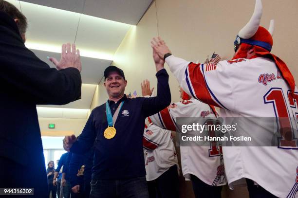 Skip John Shuster for the Gold Medal winning United States Men's Curling team is welcomed at the PGA of America 2028 Ryder Cup location announcement...