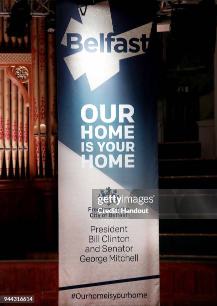 In this handout photo provided by Press Eye, a sign is displayed at a ceremony held this evening in the historic setting of the Ulster Hall to confer...