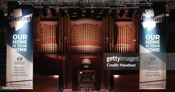 In this handout photo provided by Press Eye, A sign is displayed at a ceremony held this evening in the historic setting of the Ulster Hall to confer...