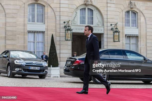 French President Emmanuel Macron after a meeting with the King of Morocco Mohammed VI at Elysee Palace on April 10, 2018 in Paris, France. Sovereign...