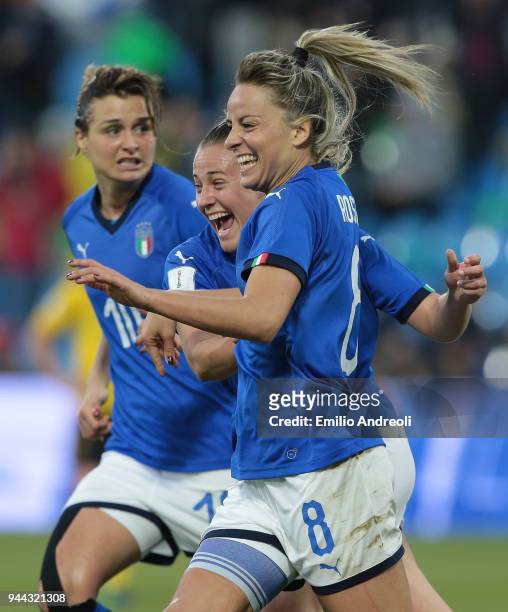 Martina Rosucci of Italy celebrates her goal with his team-mates during the FIFA Women's World Cup Qualifier between Italy and Belgium at Stadio...