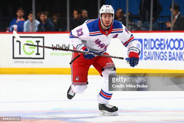 Mika Zibanejad of the New York Rangers skates against the New York Islanders at Barclays Center on April 5, 2018 in New York City. New York Islanders...