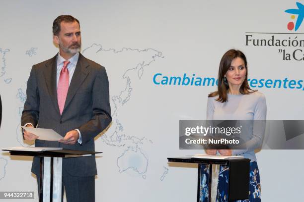 King Felipe of Spain and Queen Letizia of Spain deliver 'La Caixa' Scholarships at Caixa Forum cultural center on April 10, 2018 in Madrid, Spain