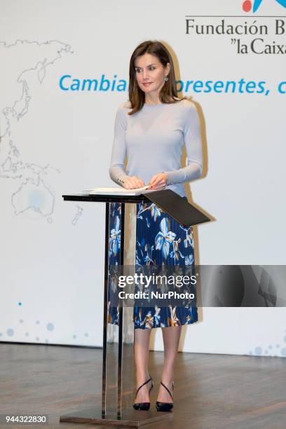 Queen Letizia of Spain delivers 'La Caixa' Scholarships at Caixa Forum cultural center on April 10, 2018 in Madrid, Spain