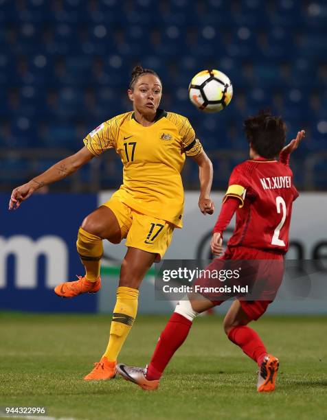 Kyah Simon of Australia in action during the AFC Women's Asian Cup Group B match between Vietnam and Australia at the Amman International Stadium on...