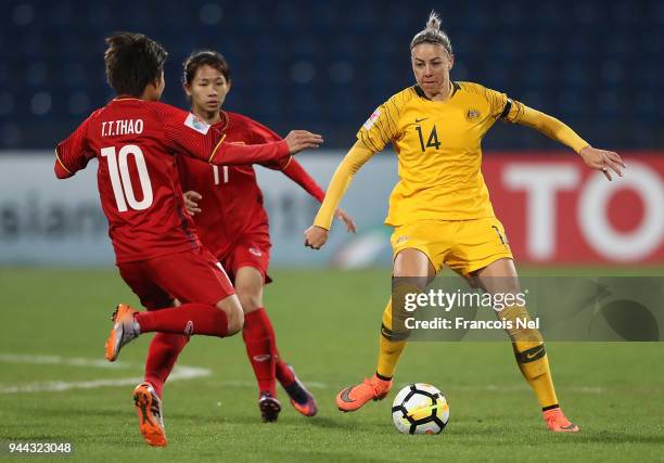 Alanna Kennedy of Australia in action during the AFC Women's Asian Cup Group B match between Vietnam and Australia at the Amman International Stadium...