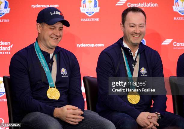 Gold medalists John Shuster and Tyler George of the United States Men's Curling team laugh at the PGA of America 2028 Ryder Cup location announcement...