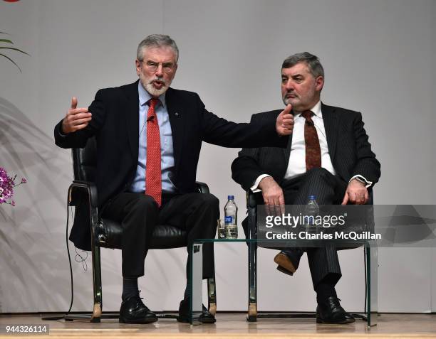 Former Sinn Fein president Gerry Adams speaks while alongside Lord John Alderdice at a panel discussion event to mark the 20th anniversary of the...