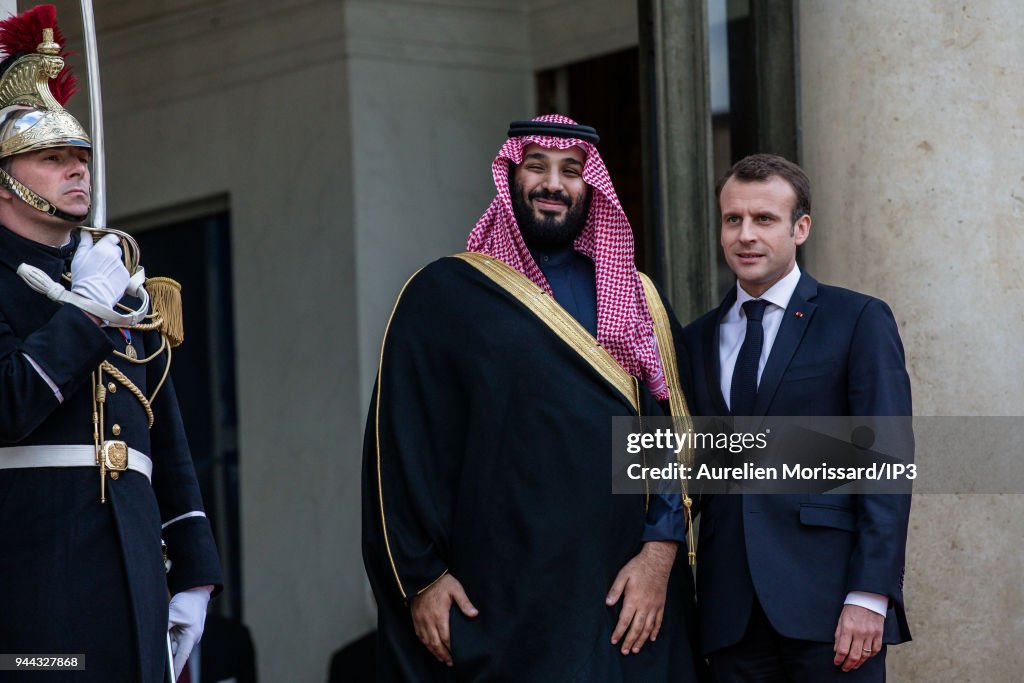 French President Emmanuel Macron Receives Saudi Arabia Crown Prince Mohammed Bin Salman  At Elysee Palace