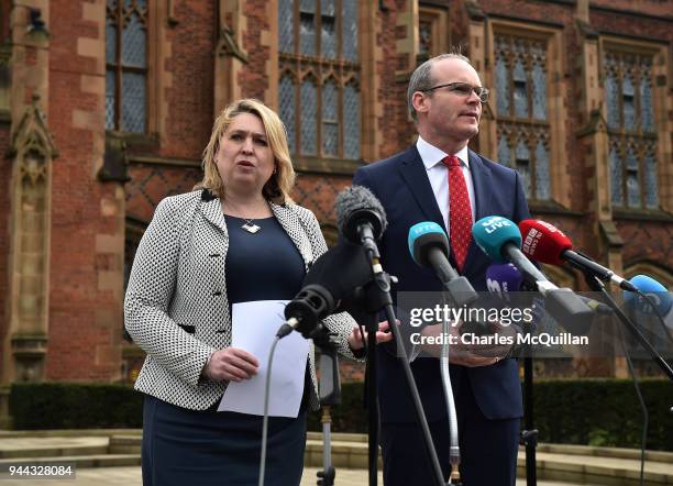 Northern Ireland secretary of state Karen Bradley and Irish deputy prime minister Simon Coveney hold a press conference as they attend an event to...