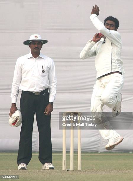 Ranji Player Parvinder Awana on the third day of the Ranji Trophy Super League Group B Match between Maharashtra and Delhi at the Roshana club Ground.