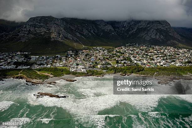 hermanus village by stormy day, aerial view - hermanus bildbanksfoton och bilder