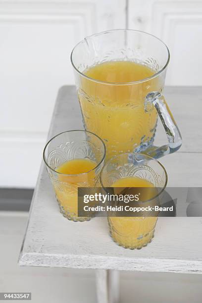 jug and glasses of orange juice - heidi coppock beard stock-fotos und bilder