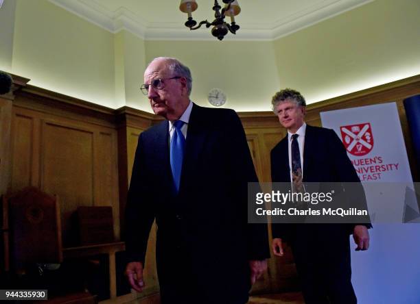 Senator George Mitchell and Jonathan Powell make their exit after addressing the media at an event to mark the 20th anniversary of the Good Friday...