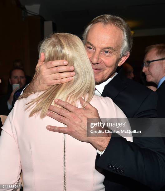Former British Prime Minister Tony Blair is greeted by well wishers as he attends an event to mark the 20th anniversary of the Good Friday Agreement...