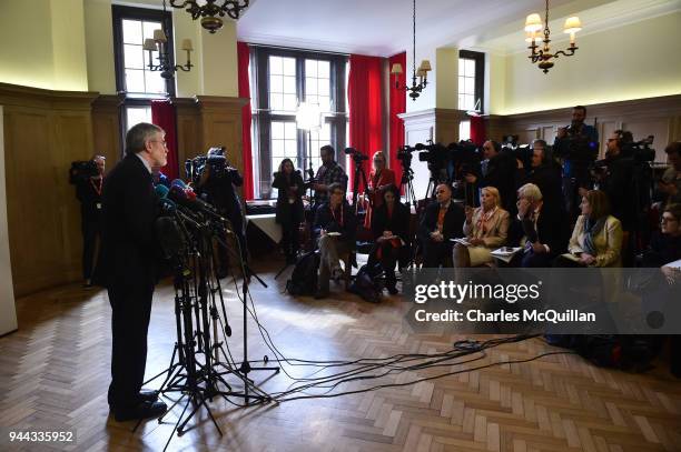 Former Sinn Fein president Gerry Adams holds a press conference as he attends an event to mark the 20th anniversary of the Good Friday Agreement at...