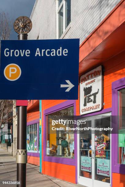 grove arcade, asheville, north carolina - main street sign stock pictures, royalty-free photos & images