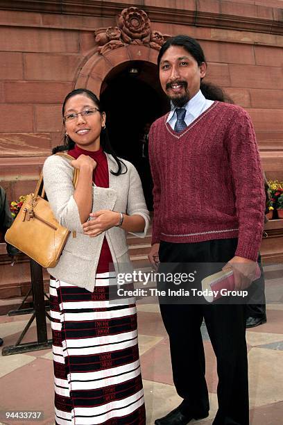 Minister of State for Rural Development and Tura MP Agatha Sangma with a North-East student leader at Parliament in New Delhi on Thursday, December...