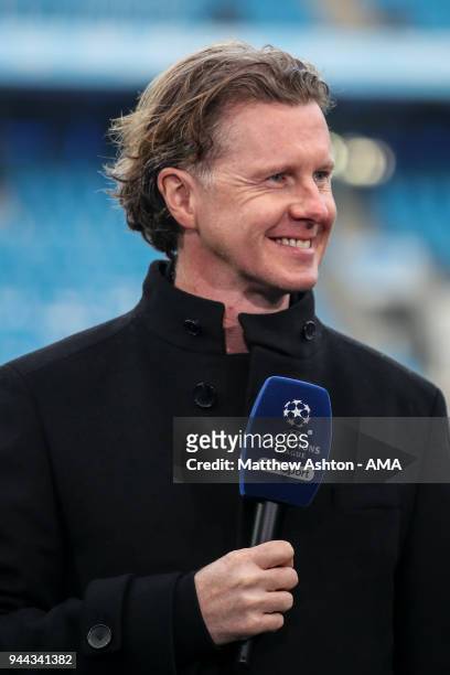 Steve McManaman reporting for BT Sport prior to the UEFA Champions League Quarter Final Second Leg match at Etihad Stadium on April 10, 2018 in...