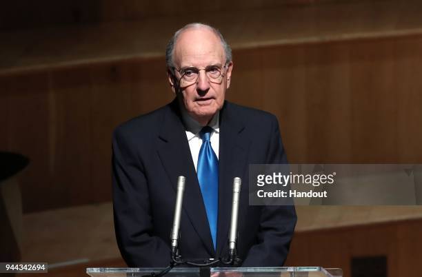 In this handout photo provided by Press Eye, Senator George J. Mitchell attends a ceremony held in the historic setting of the Ulster Hall to confer...